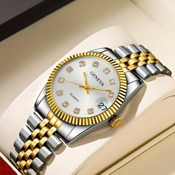 Geneva Ladies Rhinestone Silver Dial Watch Two-Tone Gold/Silver Bracelet W/Date - Picture 3 of 16